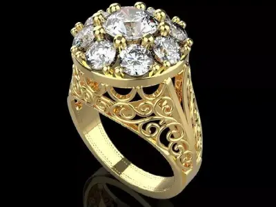 9 gem gold ring with diamonds and filigree 3D print model