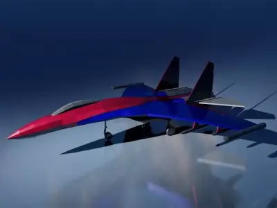 Low-poly SU-35 fighter jet flying in sky Low-poly 3D model