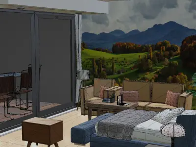  Interior design room with furniture Game-ready low-poly  Low-poly 3D model