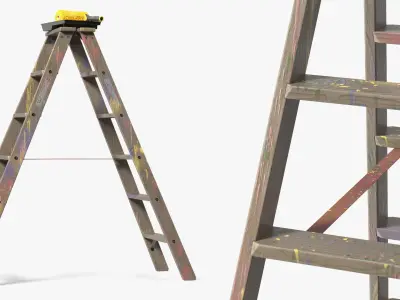 Wooden Painting Ladder Tool with Paint Roller 3D model