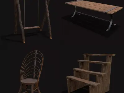 Rustic Medieval Wood Furniture Mix Three 3D Model Pack