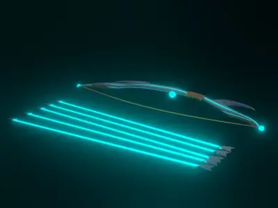 3d model of arrow and bow in blue and gold color Low-poly 3D model