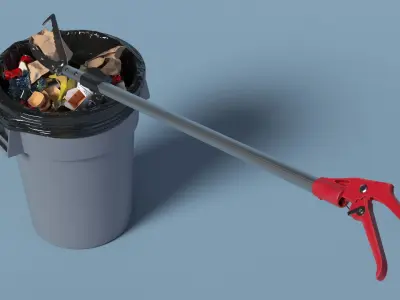 Trash Picker Tool in Use with Garbage Bin 3D model