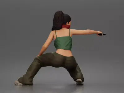 Masked woman crouches aiming pistol wearing crop pants sneakers 3D print model