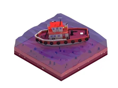 Cartoon Low Poly Tugboat Illustration Free 3D model