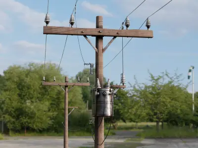 Realistic Wooden Electric Utility Pole with Transformer 3D model
