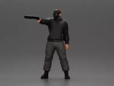 Masked man in black jacket aims shotgun with determined gaze 3D print model