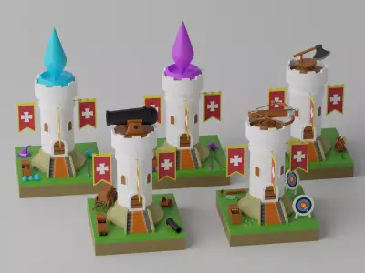 Cartoon Tower Defense Towers Collection A 3D model