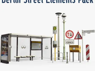  Berlin Street Elements Collection - typical German Bus Stop Street Lights Post Box and Signs 