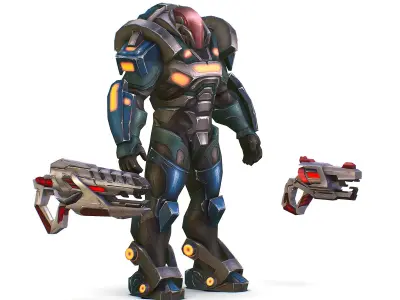 Male Cyborg Man Soldier with Rifle and Pistol Low-poly 3D model