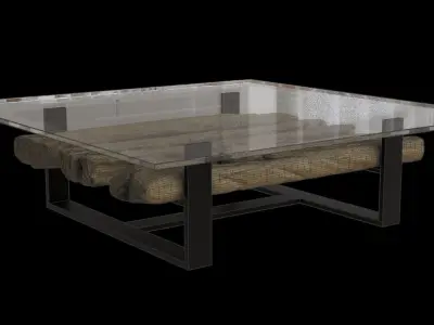 Glass Black Metal Table With Wooden Bark 3D model