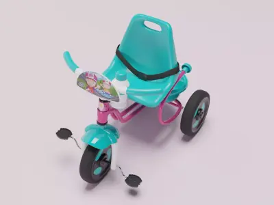 Kids toy tricycle turquoise and pink  colour S Low-poly 3D model