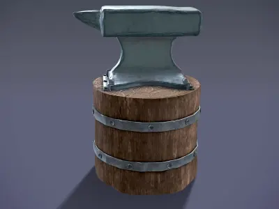 Low Poly Anvil wooden barrel with hammer Low-poly 3D model