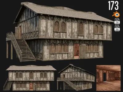 4 Old Medieval Houses Pack 4K Textures GameReady 173 to 176 Low-poly 3D model