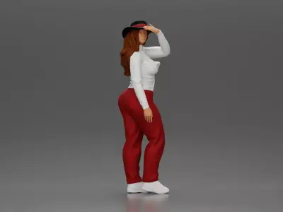 woman in red pants striking stylish pose with hat 3D print model