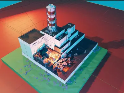 Isometric Destroyed Factory  Low-poly 3D model