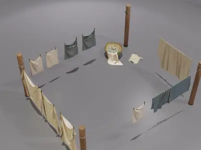 Clothes Line with Laundry Basket and Hanging Linens 3D model