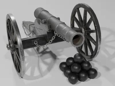 Old Cannon with cannonballs Low-poly 3D model