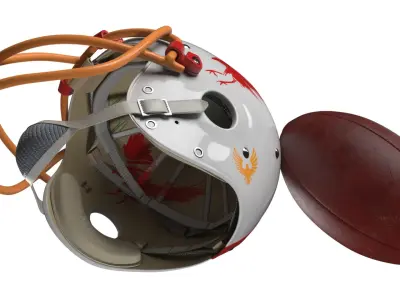 Retro Team Red Eagles Helmet with Logo and Football White On Grass Fur 3D model