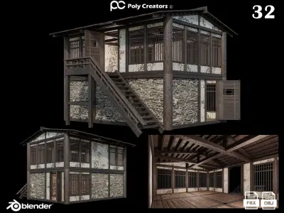 Medieval Houses Pack 31-32-33-34-35 - 4K Textures Game Ready Low-poly 3D model