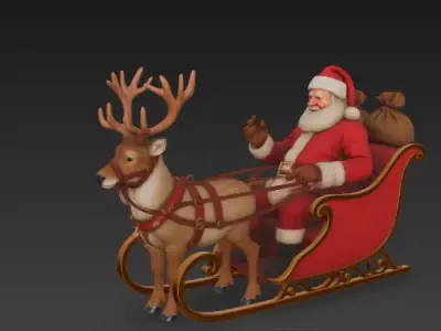 Realistic Santa Sleigh with Reindeer PBR Holiday Character Low-poly 3D model