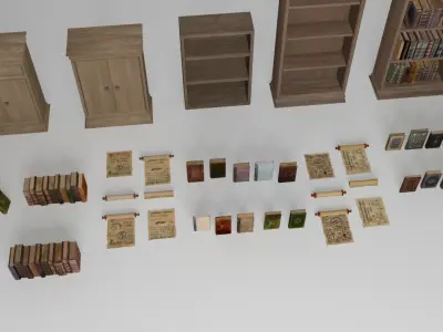 Old books - ancient bookcases and book shelfs - 46 items Low-poly 3D model