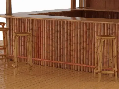 Tropical Service Tiki Bar with Thatch Roof and Wooden Stools Natural 3D model