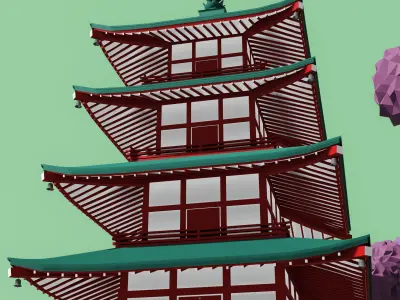 Japanese pagoda and a torii  Low-poly 3D model
