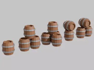 Low Poly Wooden Barrels Set Low-poly 3D model
