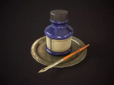 Vintage old inkwell and ink pen Low-poly 3D model