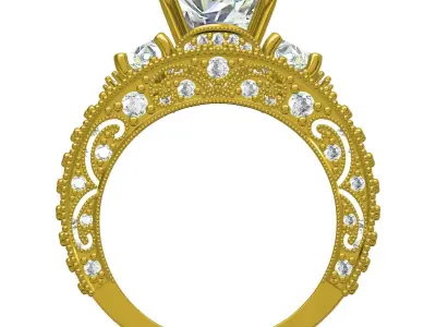 Antique Three Stone Art Deco Engagement Ring with Band 3D print model