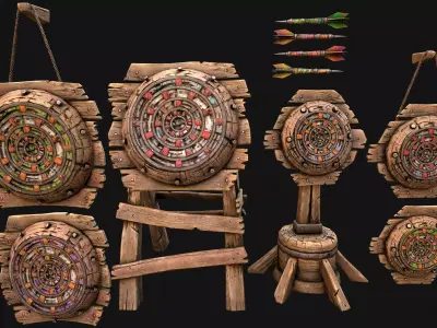 Darts and Dart Board Shooting Range Target Set Low-poly 3D model