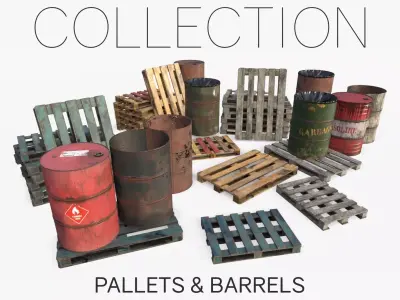 Wooden Pallet and Metallic Barrels Collection 3D Model Pack