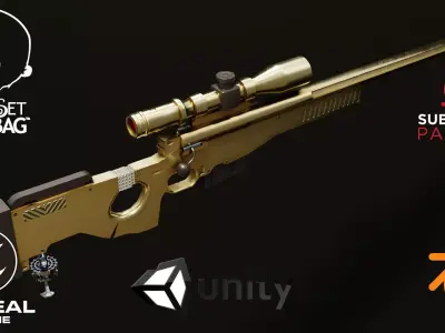 Golden AWP Sniper Rifle game ready  with bonus asset Low-poly 3D model