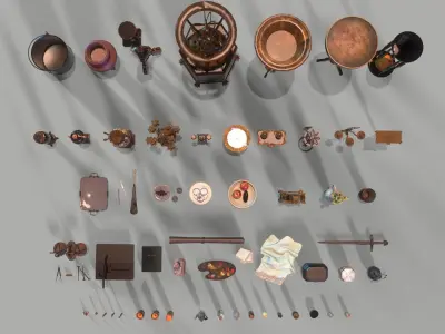 64 vintage props for home Low-poly 3D model