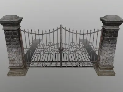 wall set stone with iron railings Low-poly 3D model