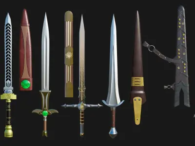 5 Fantasy Swords All PBR Unity UE Textures Included  3D Model Pack