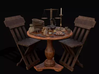 Small Round Cluttered Table Low-poly 3D model