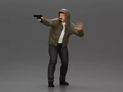 Man in hoodie pointing gun while raising hand in defensive 3D print model