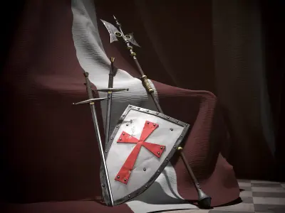 Medieval halberd Knight shield Templar sword Guardian pack Low-poly 3D model