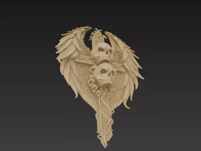 Gothic Winged Skull Shield 3D Fantasy Dark Sculpture 3D model
