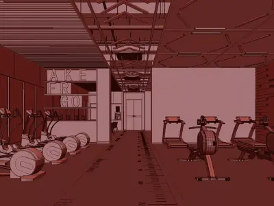 Inside the aerobic zone of an industrial-style gym 3D model