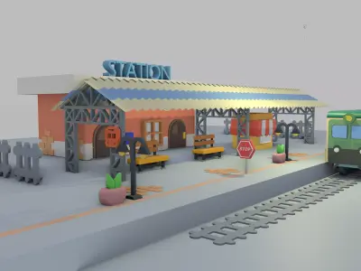 Low Poly Train Station  Low-poly 3D model