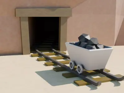 Low Poly Coal Cart and Mine Rail - Optimized Exterior Set 3D model