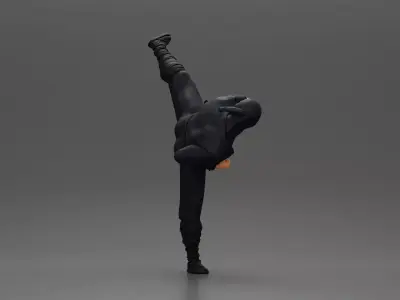 Ninja in black uniform performs high side kick with precision 3D print model