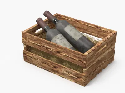 Rustic Wine Case with Two Old Bottle Bordeaux and Hay 3D model