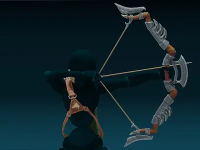 Fantasy Wooden bow with armor blades and stylized quiver Low-poly 3D model