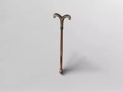 Elegant Wooden Walking Cane with Ornate Handle 3D model