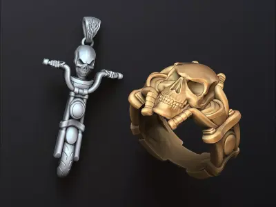 Skull biker pendant ring collection 3D print model