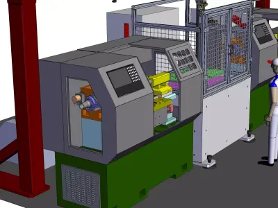 Automated loading and unloading CNC workshop using gantry robots 3D model